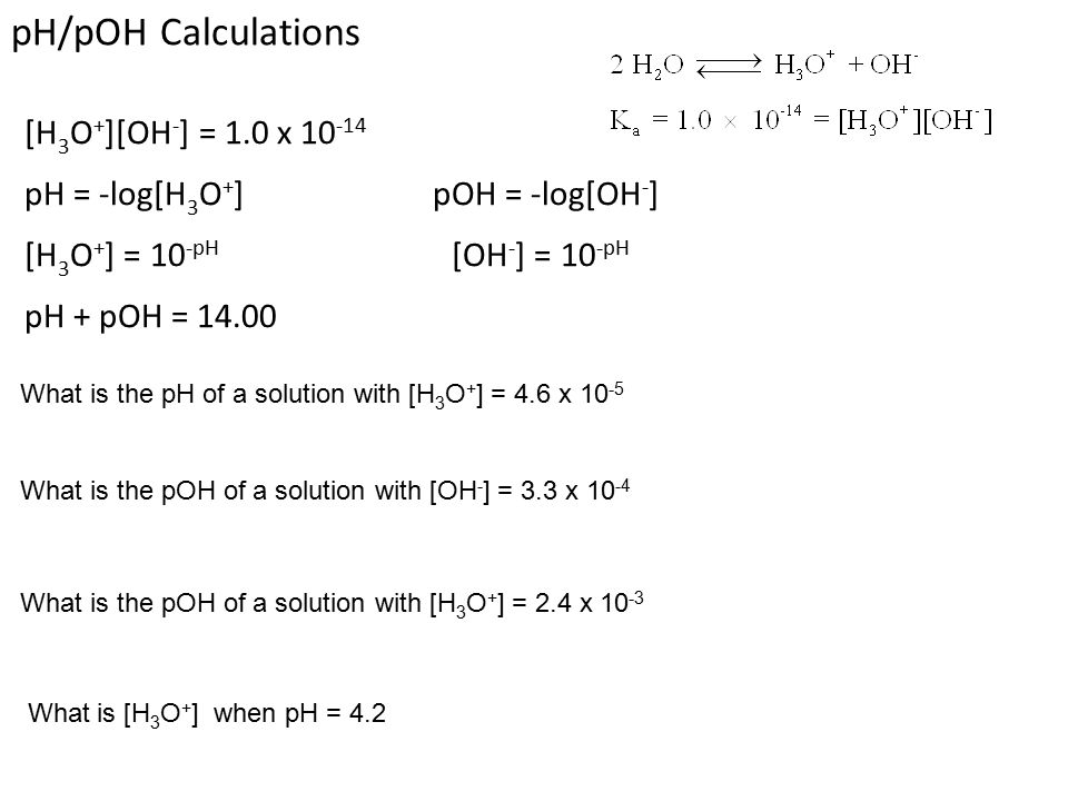 pH/pOH Calculations [H 3 O + ][OH - ] = 1.0 x pH = -log[H 3 O + ] pOH = -log[OH - ] [H 3 O + ] = 10 -pH [OH - ] = 10 -pH pH + pOH = What is the pH of a solution with [H 3 O + ] = 4.6 x What is the pOH of a solution with [OH - ] = 3.3 x What is the pOH of a solution with [H 3 O + ] = 2.4 x What is [H 3 O + ] when pH = 4.2