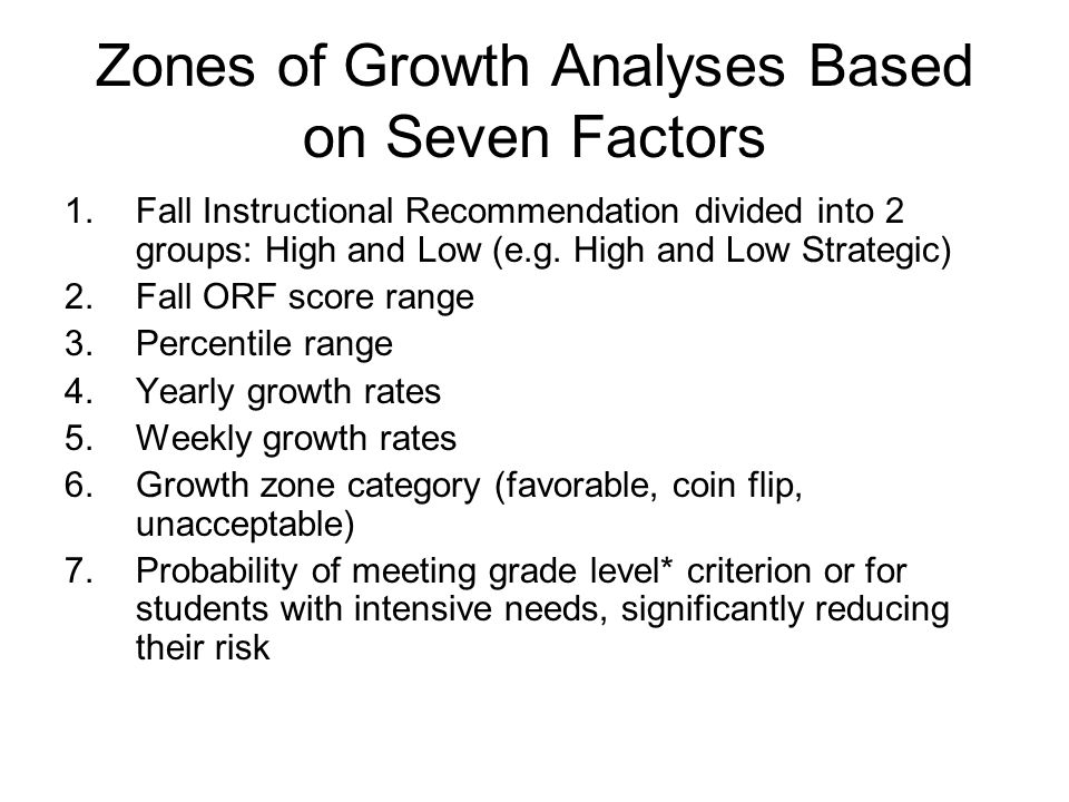 Zones of Growth Analyses Based on Seven Factors 1.Fall Instructional Recommendation divided into 2 groups: High and Low (e.g.