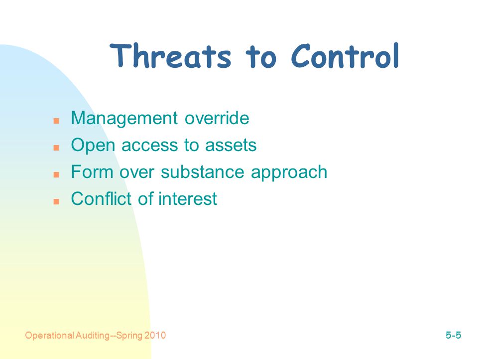 Operational Auditing--Spring Threats to Control n Management override n Open access to assets n Form over substance approach n Conflict of interest