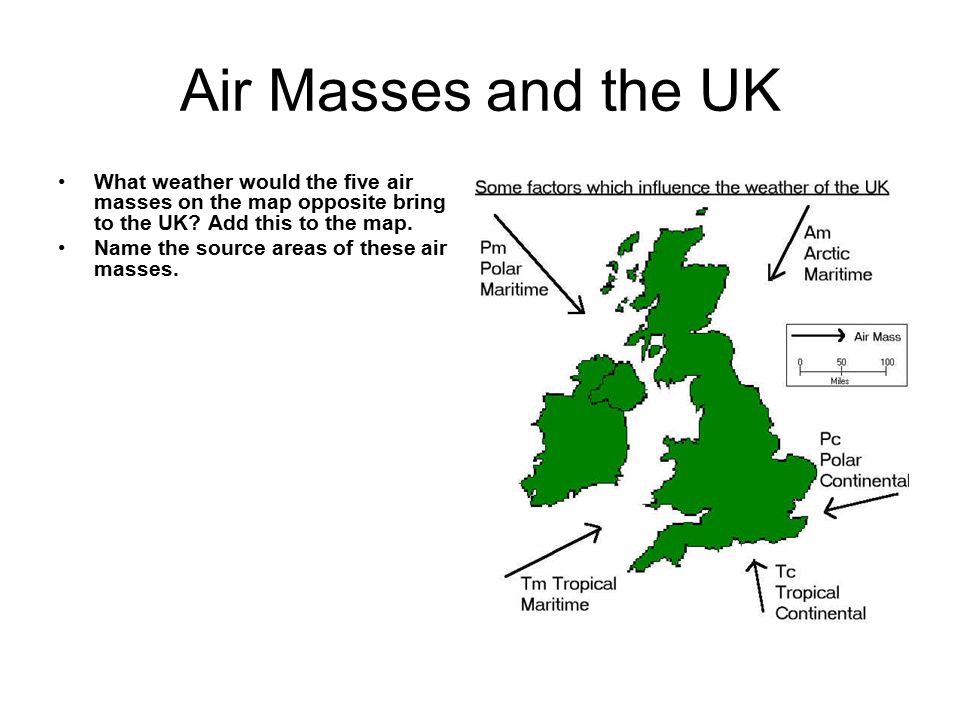 Air Masses and the UK What weather would the five air masses on the map opposite bring to the UK.