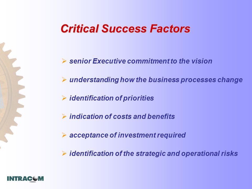 Critical Success Factors  senior Executive commitment to the vision  understanding how the business processes change  identification of priorities  indication of costs and benefits  acceptance of investment required  identification of the strategic and operational risks
