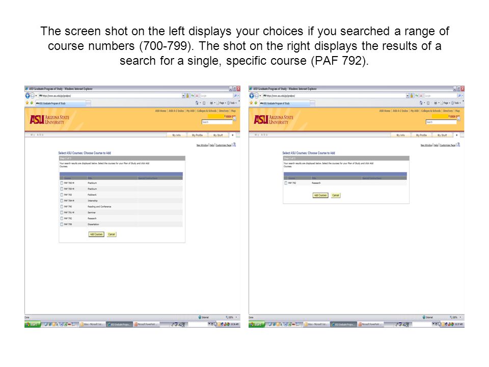 The screen shot on the left displays your choices if you searched a range of course numbers ( ).