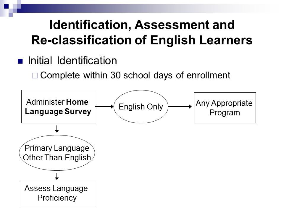 Identification, Assessment and Re-classification of English Learners Initial Identification  Complete within 30 school days of enrollment Administer Home Language Survey English Only Any Appropriate Program Primary Language Other Than English Assess Language Proficiency