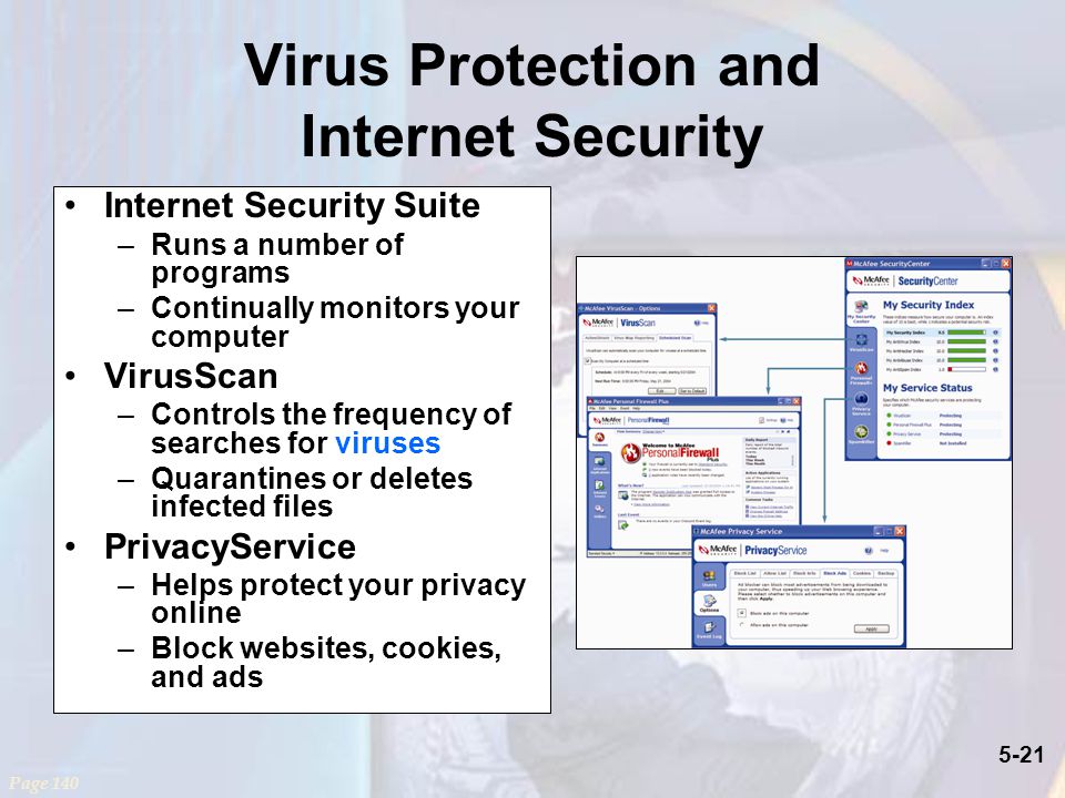 5-21 Virus Protection and Internet Security Internet Security Suite –Runs a number of programs –Continually monitors your computer VirusScan –Controls the frequency of searches for viruses –Quarantines or deletes infected files PrivacyService –Helps protect your privacy online –Block websites, cookies, and ads Page 140
