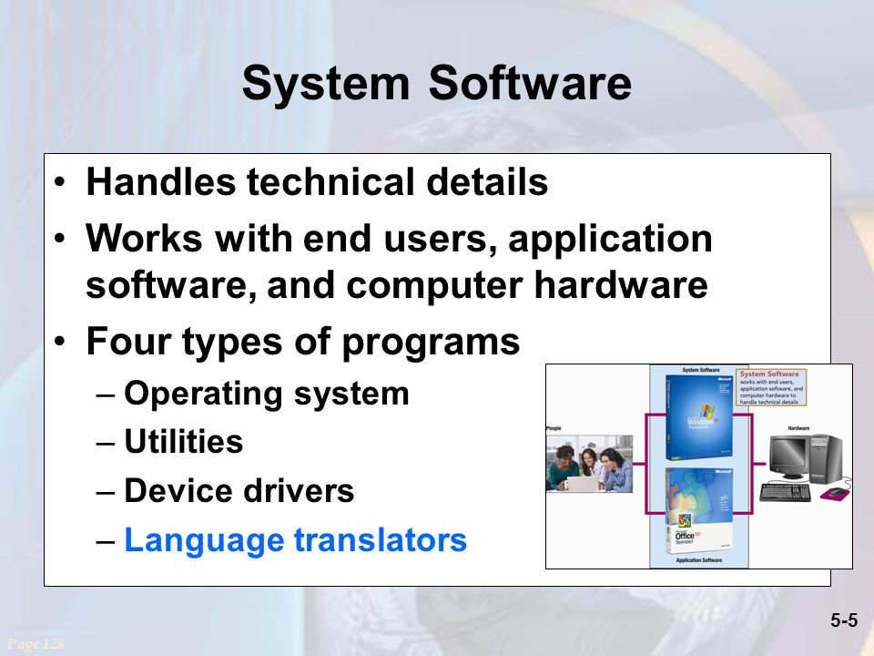 5-5 System Software Handles technical details Works with end users, application software, and computer hardware Four types of programs –Operating system –Utilities –Device drivers –Language translators Page 128