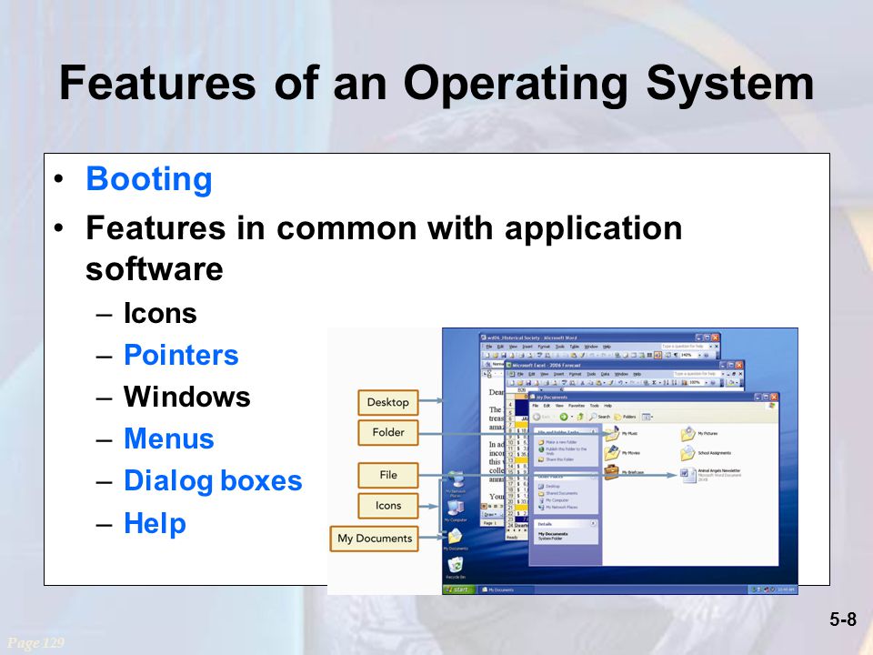 5-8 Features of an Operating System Booting Features in common with application software –Icons –Pointers –Windows –Menus –Dialog boxes –Help Page 129