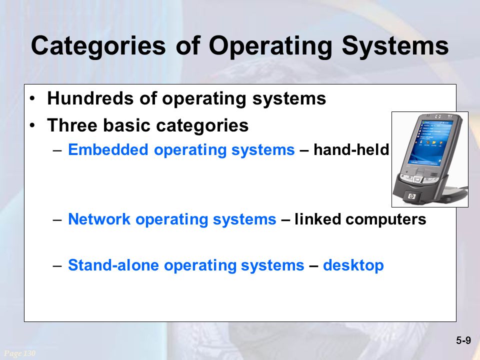 5-9 Categories of Operating Systems Hundreds of operating systems Three basic categories –Embedded operating systems – hand-held –Network operating systems – linked computers –Stand-alone operating systems – desktop Page 130