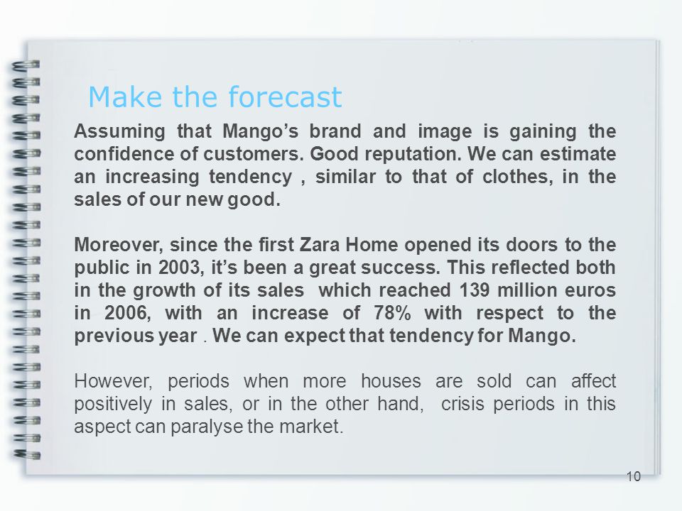 Make the forecast Assuming that Mango’s brand and image is gaining the confidence of customers.