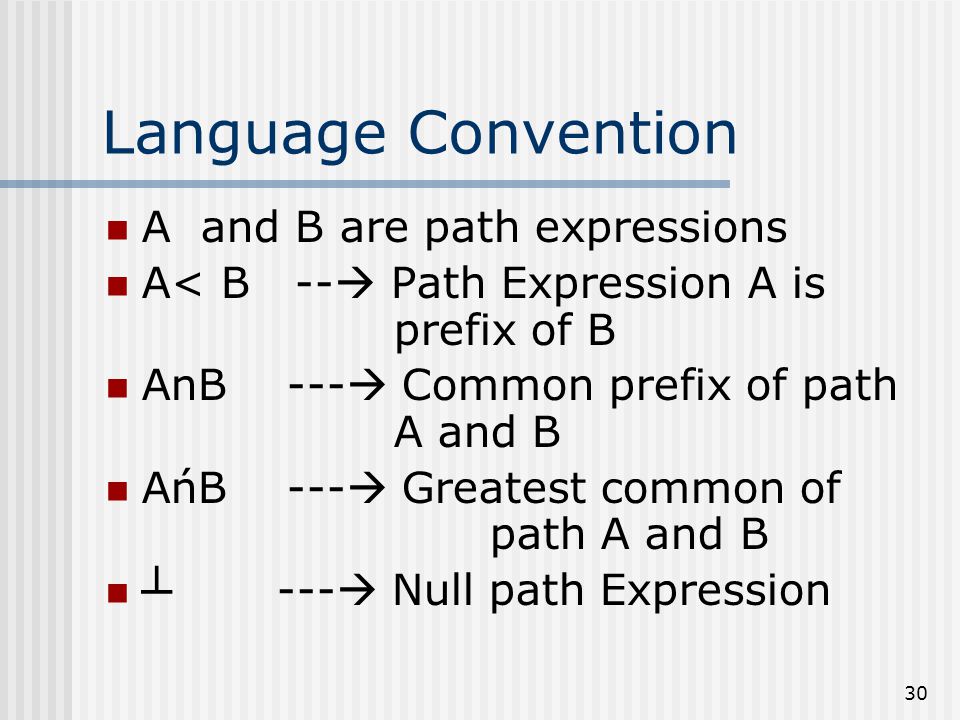 30 Language Convention A and B are path expressions A< B --  Path Expression A is prefix of B AnB ---  Common prefix of path A and B AńB ---  Greatest common of path A and B ┴ ---  Null path Expression