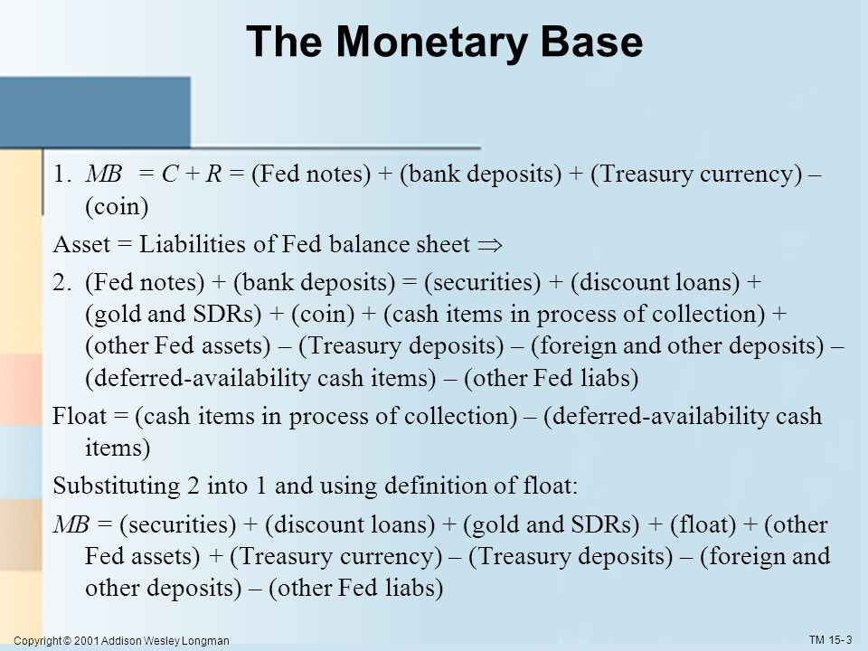 Copyright © 2001 Addison Wesley Longman TM The Monetary Base 1.MB= C + R = (Fed notes) + (bank deposits) + (Treasury currency) – (coin) Asset = Liabilities of Fed balance sheet  2.(Fed notes) + (bank deposits) = (securities) + (discount loans) + (gold and SDRs) + (coin) + (cash items in process of collection) + (other Fed assets) – (Treasury deposits) – (foreign and other deposits) – (deferred-availability cash items) – (other Fed liabs) Float = (cash items in process of collection) – (deferred-availability cash items) Substituting 2 into 1 and using definition of float: MB = (securities) + (discount loans) + (gold and SDRs) + (float) + (other Fed assets) + (Treasury currency) – (Treasury deposits) – (foreign and other deposits) – (other Fed liabs)