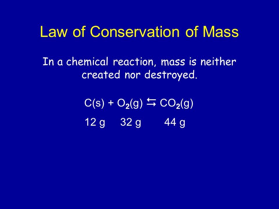 Law of Conservation of Mass C(s) + O 2 (g)  CO 2 (g) 12 g32 g44 g In a chemical reaction, mass is neither created nor destroyed.