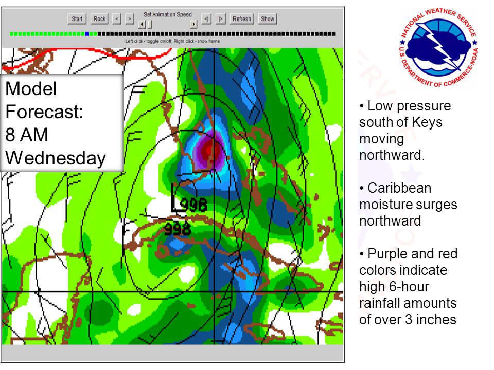 Low pressure south of Keys moving northward.
