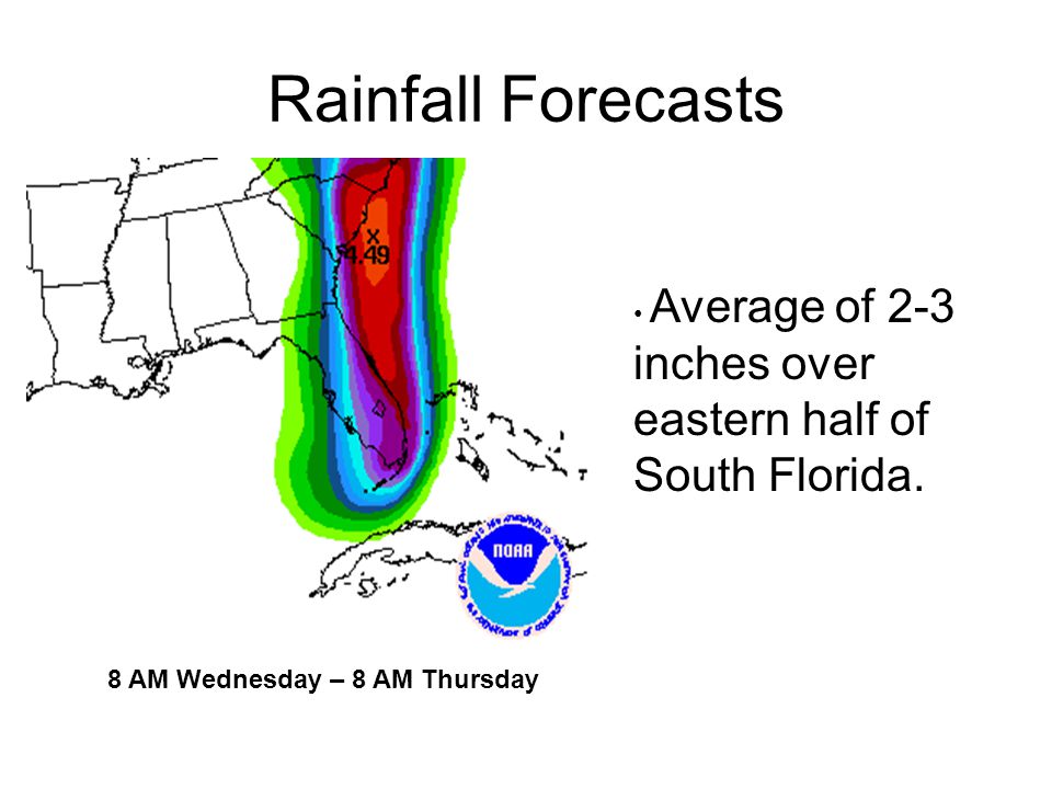 Rainfall Forecasts 8 AM Wednesday – 8 AM Thursday Average of 2-3 inches over eastern half of South Florida.