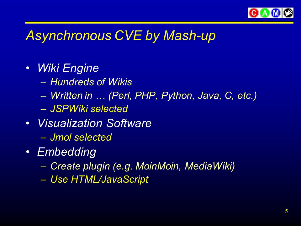 5 Asynchronous CVE by Mash-up Wiki Engine –Hundreds of Wikis –Written in … (Perl, PHP, Python, Java, C, etc.) –JSPWiki selected Visualization Software –Jmol selected Embedding –Create plugin (e.g.