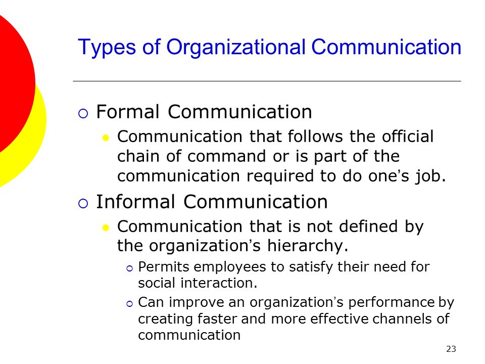 23  Formal Communication Communication that follows the official chain of command or is part of the communication required to do one ’ s job.