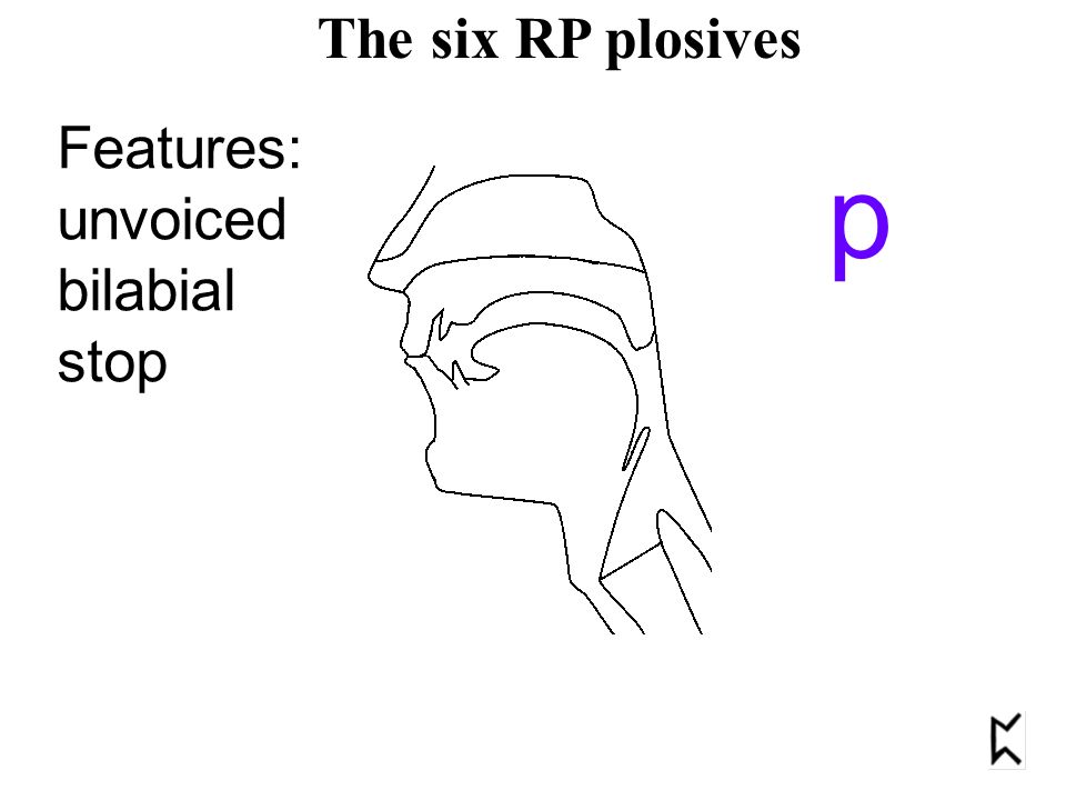 Features: unvoiced bilabial stop p The six RP plosives