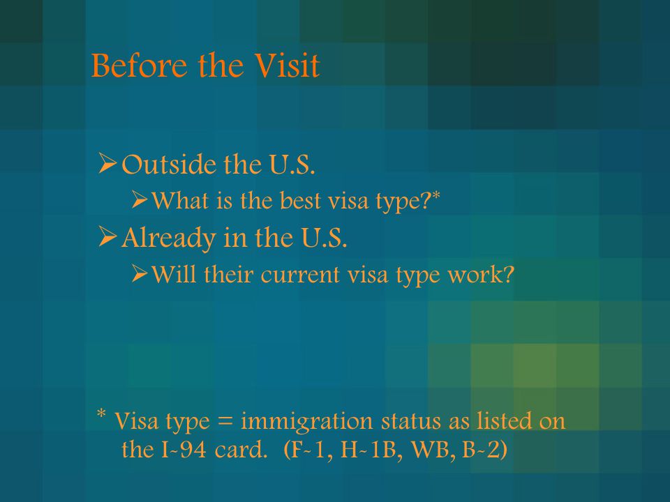 Before the Visit  Outside the U.S.  What is the best visa type *  Already in the U.S.