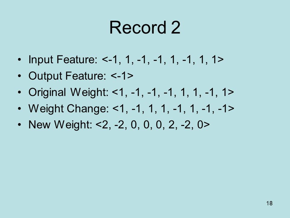 18 Record 2 Input Feature: Output Feature: Original Weight: Weight Change: New Weight: