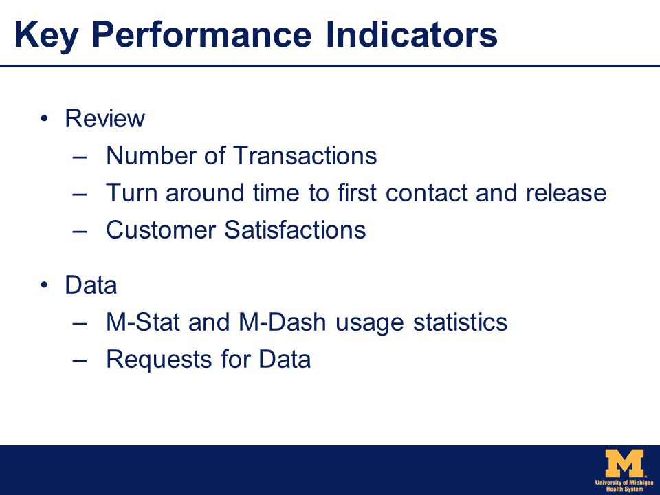 Key Performance Indicators Review –Number of Transactions –Turn around time to first contact and release –Customer Satisfactions Data –M-Stat and M-Dash usage statistics –Requests for Data