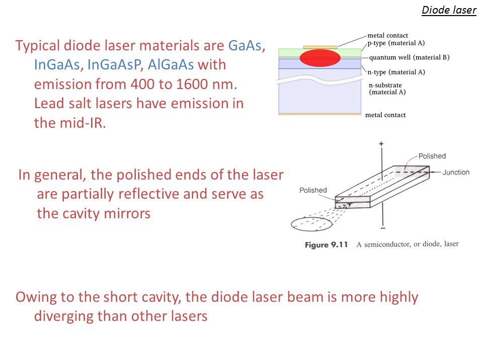 Diode laser The diode or semiconductor laser Diode lasers are extremely  compact (0.3×0.2×0.1 mm), high efficiency (up to 40%), tuneable lasers,  which have. - ppt download