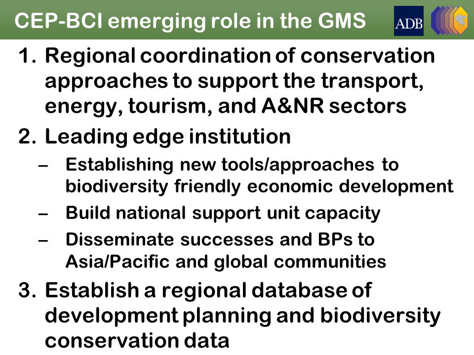 CEP-BCI emerging role in the GMS 1.Regional coordination of conservation approaches to support the transport, energy, tourism, and A&NR sectors 2.Leading edge institution –Establishing new tools/approaches to biodiversity friendly economic development –Build national support unit capacity –Disseminate successes and BPs to Asia/Pacific and global communities 3.Establish a regional database of development planning and biodiversity conservation data