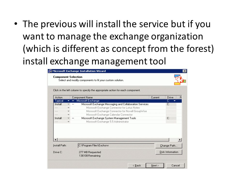 The previous will install the service but if you want to manage the exchange organization (which is different as concept from the forest) install exchange management tool