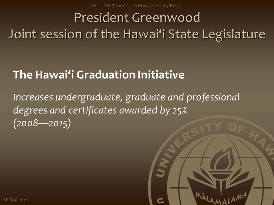 APP|Apr – 2013 Biennium Budget Policy Paper 11 President Greenwood Joint session of the Hawai‘i State Legislature The Hawai‘i Graduation Initiative Increases undergraduate, graduate and professional degrees and certificates awarded by 25% (2008—2015)