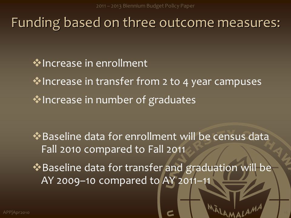 APP|Apr – 2013 Biennium Budget Policy Paper 16 Funding based on three outcome measures:  Increase in enrollment  Increase in transfer from 2 to 4 year campuses  Increase in number of graduates  Baseline data for enrollment will be census data Fall 2010 compared to Fall 2011  Baseline data for transfer and graduation will be AY 2009–10 compared to AY 2011–11