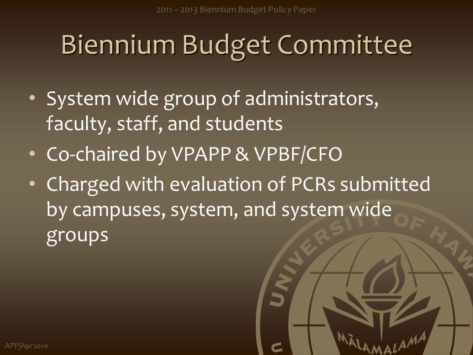 Biennium Budget Committee System wide group of administrators, faculty, staff, and students Co-chaired by VPAPP & VPBF/CFO Charged with evaluation of PCRs submitted by campuses, system, and system wide groups APP|Apr – 2013 Biennium Budget Policy Paper 20