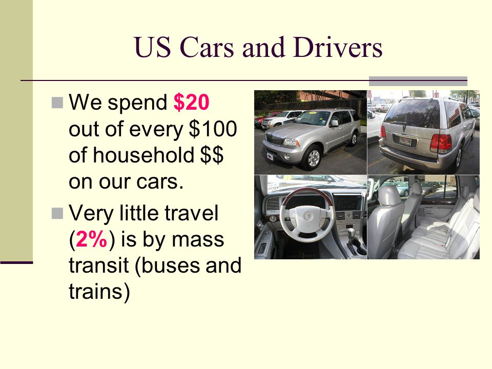 US Cars and Drivers We spend $20 out of every $100 of household $$ on our cars.