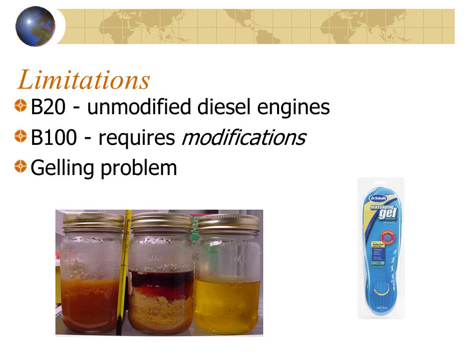 Limitations B20 - unmodified diesel engines B100 - requires modifications Gelling problem