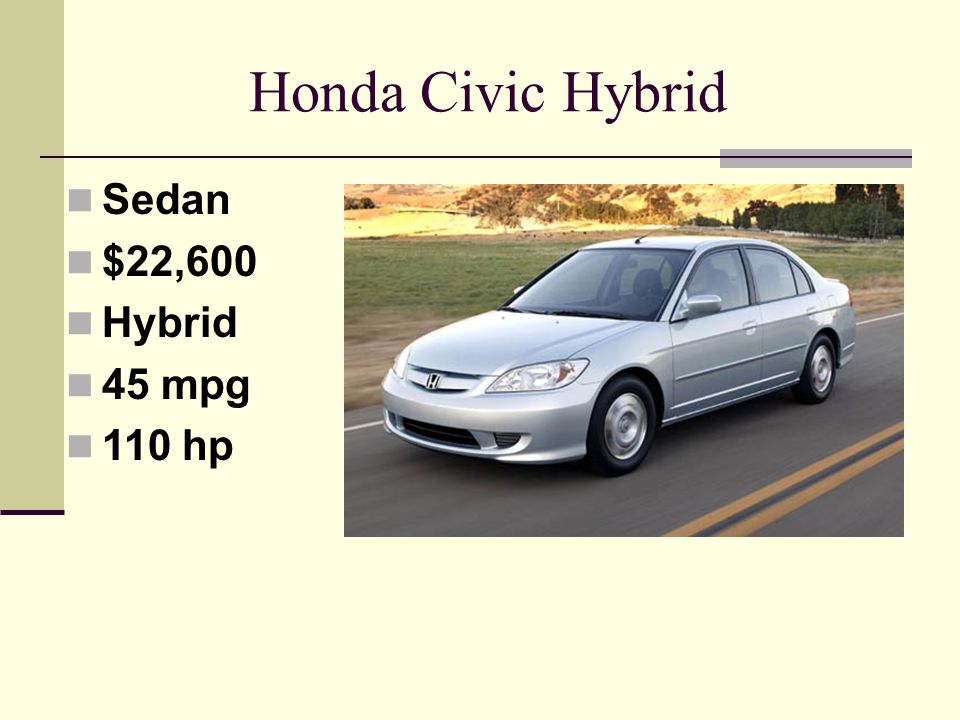 Honda Civic Hybrid Sedan $22,600 Hybrid 45 mpg 110 hp