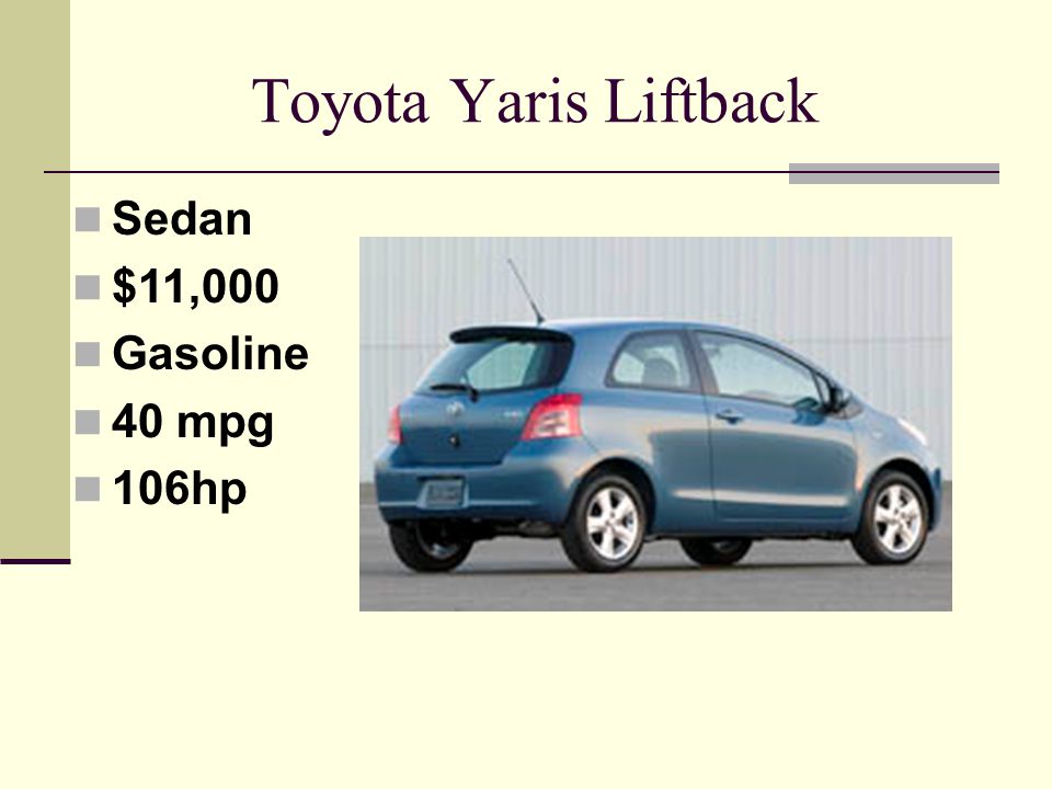Toyota Yaris Liftback Sedan $11,000 Gasoline 40 mpg 106hp