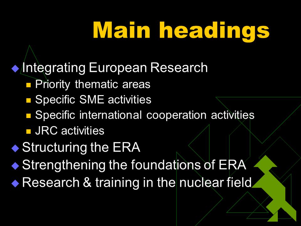 Main headings  Integrating European Research Priority thematic areas Specific SME activities Specific international cooperation activities JRC activities  Structuring the ERA  Strengthening the foundations of ERA  Research & training in the nuclear field