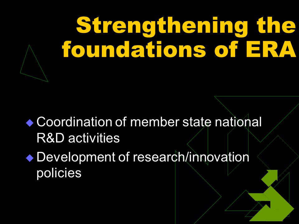 Strengthening the foundations of ERA  Coordination of member state national R&D activities  Development of research/innovation policies