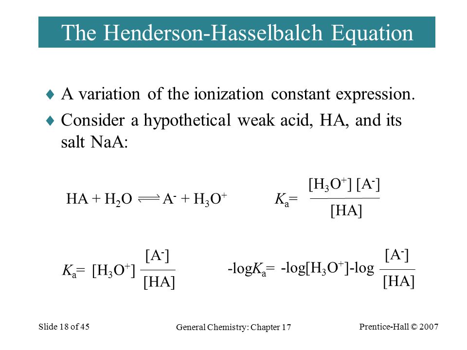 Prentice-Hall © 2007 General Chemistry: Chapter 17 Slide 18 of 45 The Henderson-Hasselbalch Equation  A variation of the ionization constant expression.