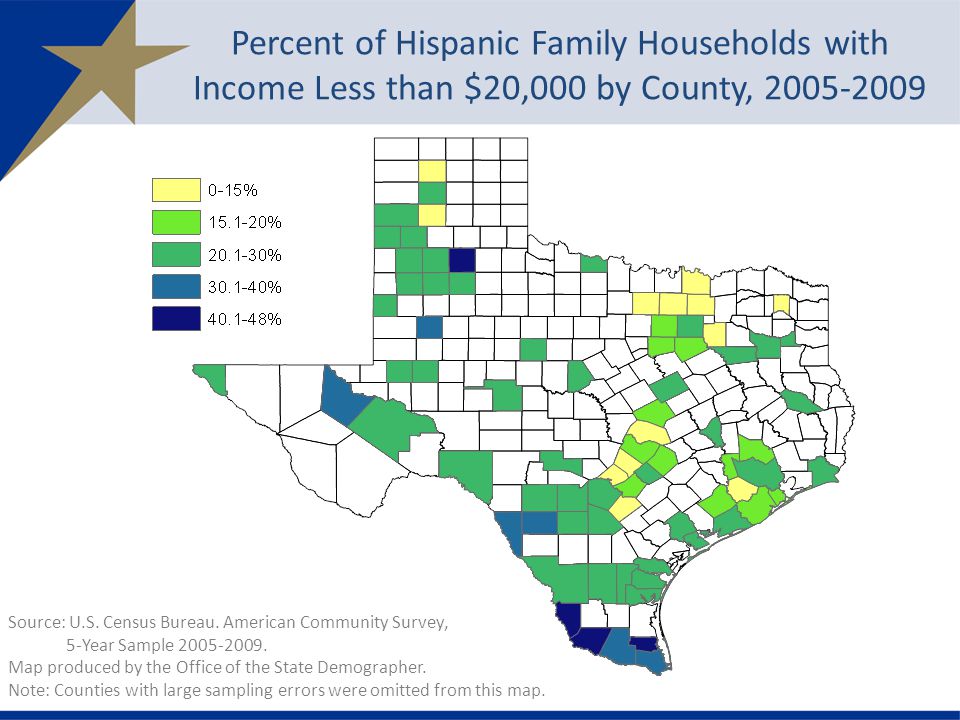 Percent of Hispanic Family Households with Income Less than $20,000 by County, Source: U.S.