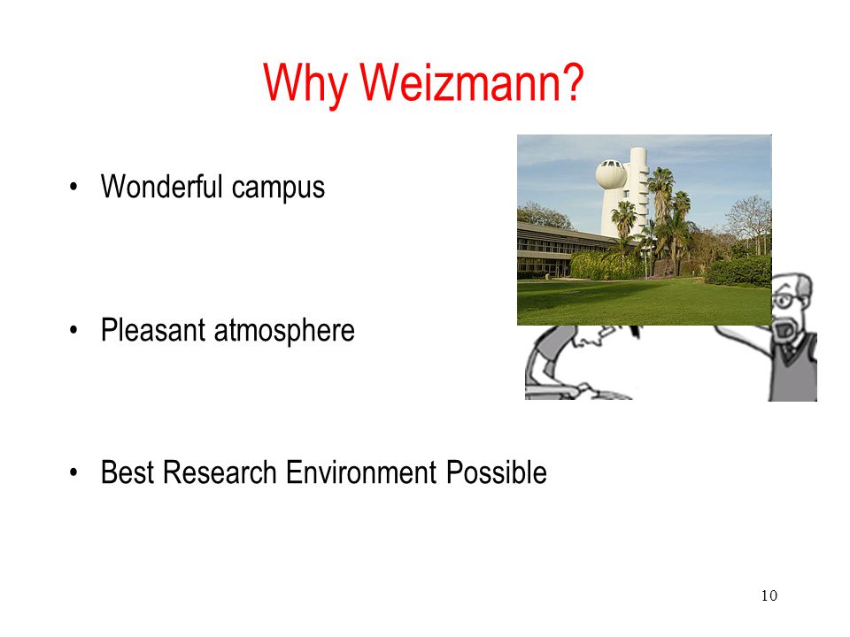 10 Why Weizmann Wonderful campus Pleasant atmosphere Best Research Environment Possible