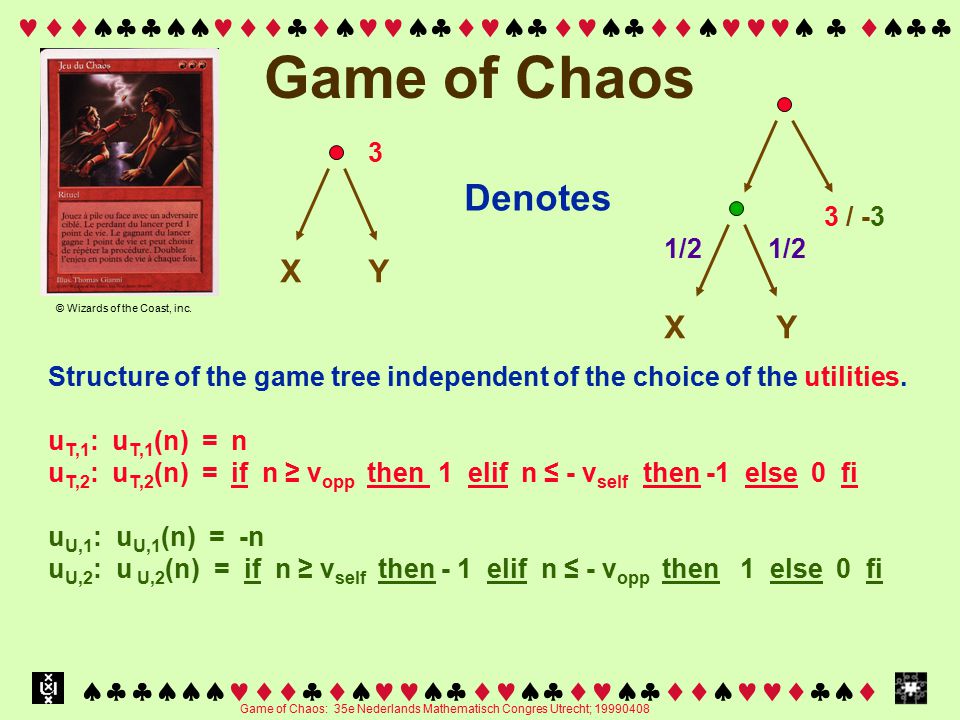 Game of Chaos: 35e Nederlands Mathematisch Congres Utrecht;   Game of Chaos 3 3 / -3 1/2 Denotes X Y Y X Structure of the game tree independent of the choice of the utilities.