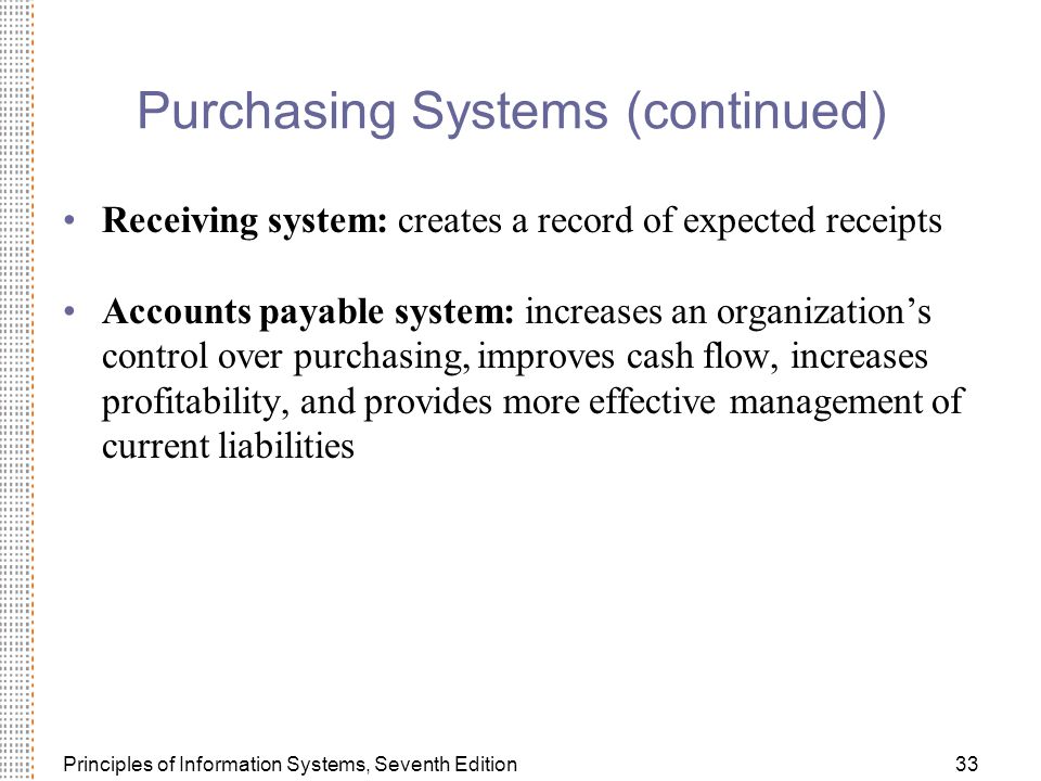 Principles of Information Systems, Seventh Edition33 Purchasing Systems (continued) Receiving system: creates a record of expected receipts Accounts payable system: increases an organization’s control over purchasing, improves cash flow, increases profitability, and provides more effective management of current liabilities
