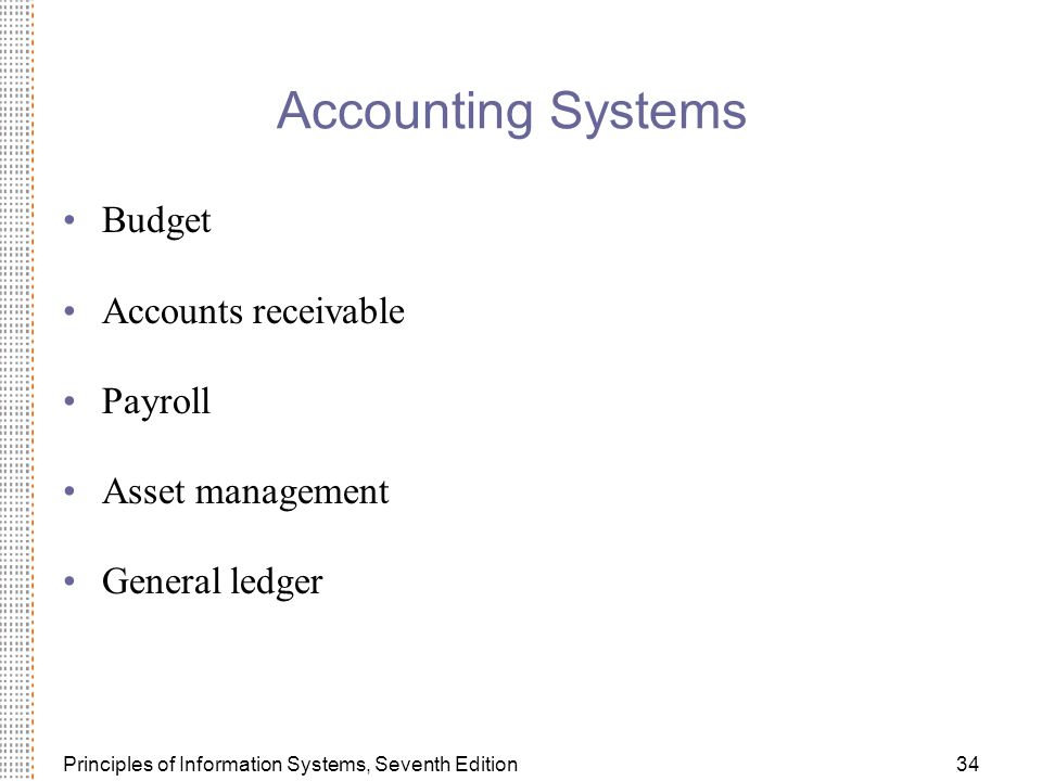 Principles of Information Systems, Seventh Edition34 Accounting Systems Budget Accounts receivable Payroll Asset management General ledger
