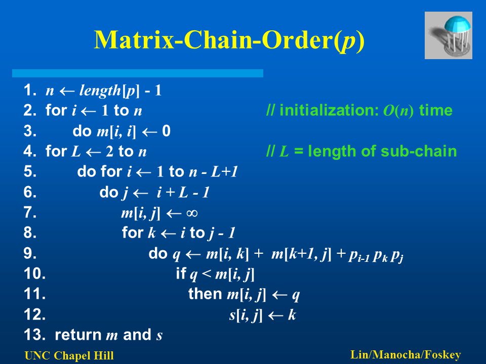 UNC Chapel Hill Lin/Manocha/Foskey Matrix-Chain-Order(p) 1.