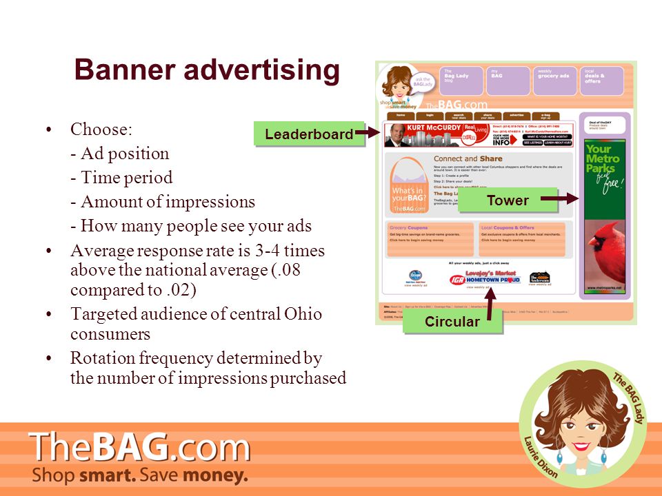 Banner advertising Choose: - Ad position - Time period - Amount of impressions - How many people see your ads Average response rate is 3-4 times above the national average (.08 compared to.02) Targeted audience of central Ohio consumers Rotation frequency determined by the number of impressions purchased Tower Leaderboard Circular