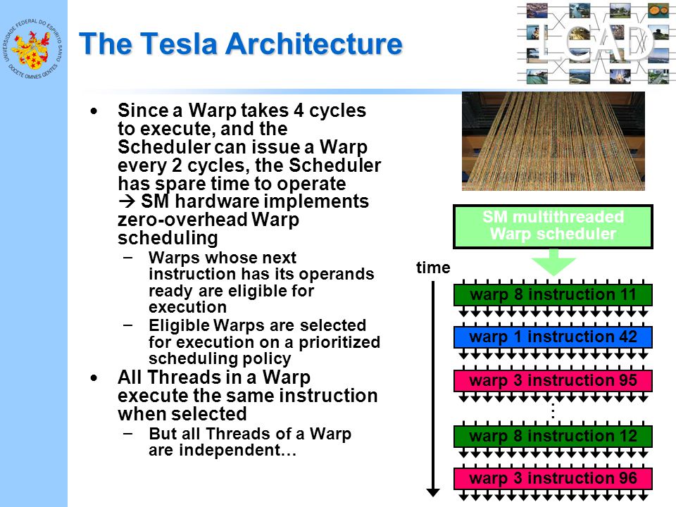 LCAD The Tesla Architecture Since a Warp takes 4 cycles to execute, and the Scheduler can issue a Warp every 2 cycles, the Scheduler has spare time to operate  SM hardware implements zero-overhead Warp scheduling – Warps whose next instruction has its operands ready are eligible for execution – Eligible Warps are selected for execution on a prioritized scheduling policy All Threads in a Warp execute the same instruction when selected – But all Threads of a Warp are independent… warp 8 instruction 11 SM multithreaded Warp scheduler warp 1 instruction 42 warp 3 instruction 95 warp 8 instruction