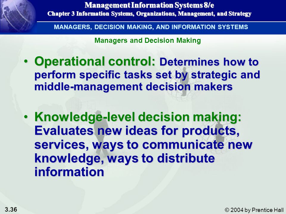 3.36 © 2004 by Prentice Hall Management Information Systems 8/e Chapter 3 Information Systems, Organizations, Management, and Strategy Management Information Systems 8/e Chapter 3 Information Systems, Organizations, Management, and Strategy Operational control: Determines how to perform specific tasks set by strategic and middle-management decision makersOperational control: Determines how to perform specific tasks set by strategic and middle-management decision makers Knowledge-level decision making: Evaluates new ideas for products, services, ways to communicate new knowledge, ways to distribute informationKnowledge-level decision making: Evaluates new ideas for products, services, ways to communicate new knowledge, ways to distribute information MANAGERS, DECISION MAKING, AND INFORMATION SYSTEMS Managers and Decision Making