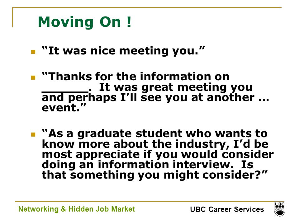 UBC Career Services Networking & Hidden Job Market Moving On .
