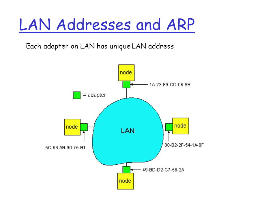 LAN Addresses and ARP Each adapter on LAN has unique LAN address