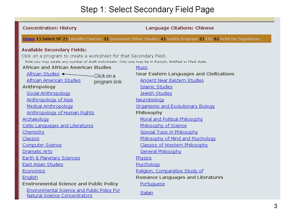 3 Step 1: Select Secondary Field Page Click on a program link