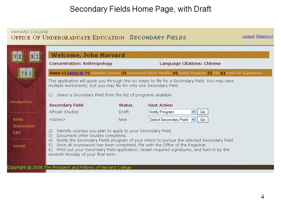 4 Secondary Fields Home Page, with Draft