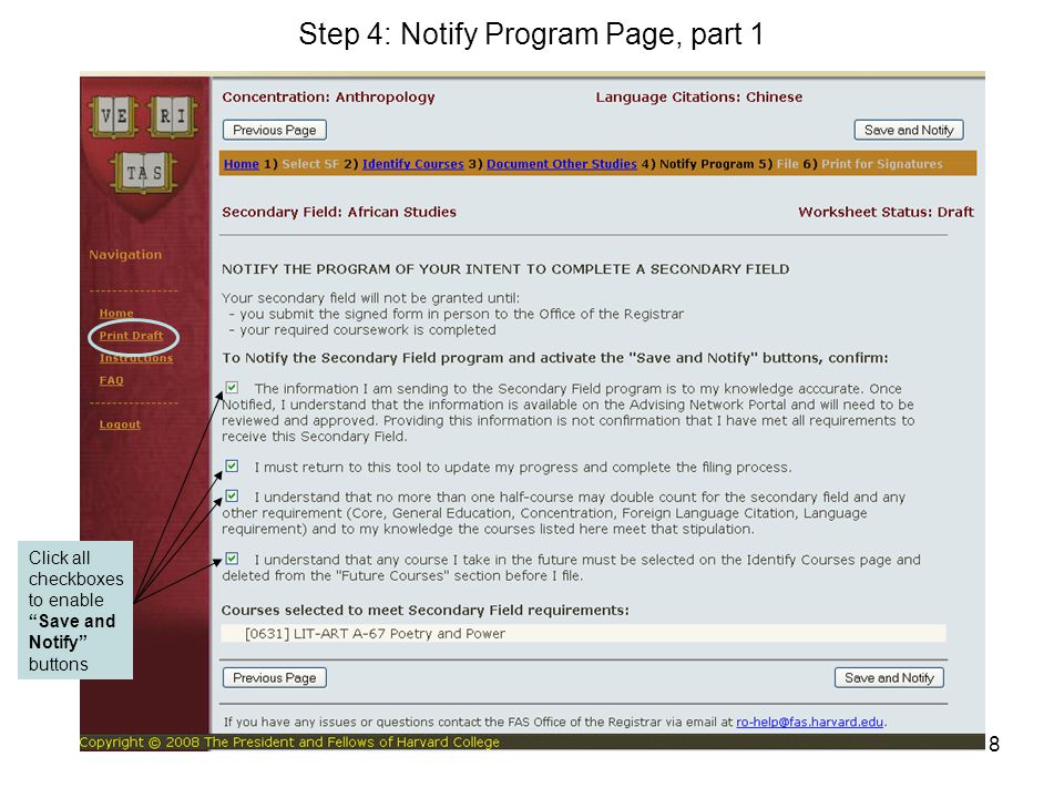 8 Step 4: Notify Program Page, part 1 Click all checkboxes to enable Save and Notify buttons
